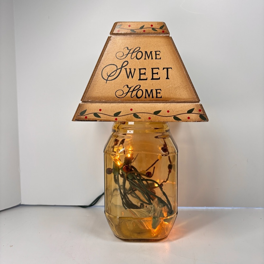 Lighted Jar Accent Lamp w Wooden Shade Lighted Berry Cottage Farmhouse Decor - Picture 7 of 10